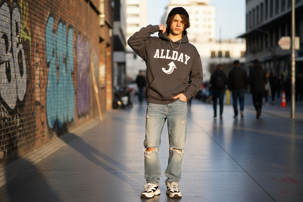 Trendy teen wearing Allday hoodie