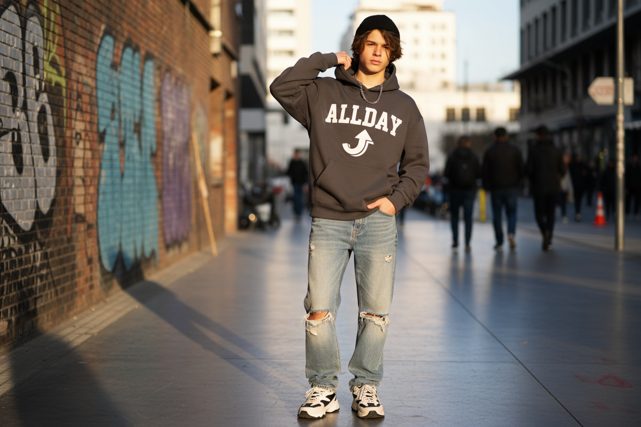 Trendy teen wearing Allday hoodie